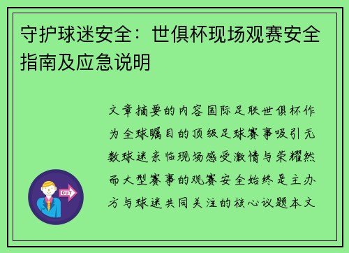 守护球迷安全：世俱杯现场观赛安全指南及应急说明